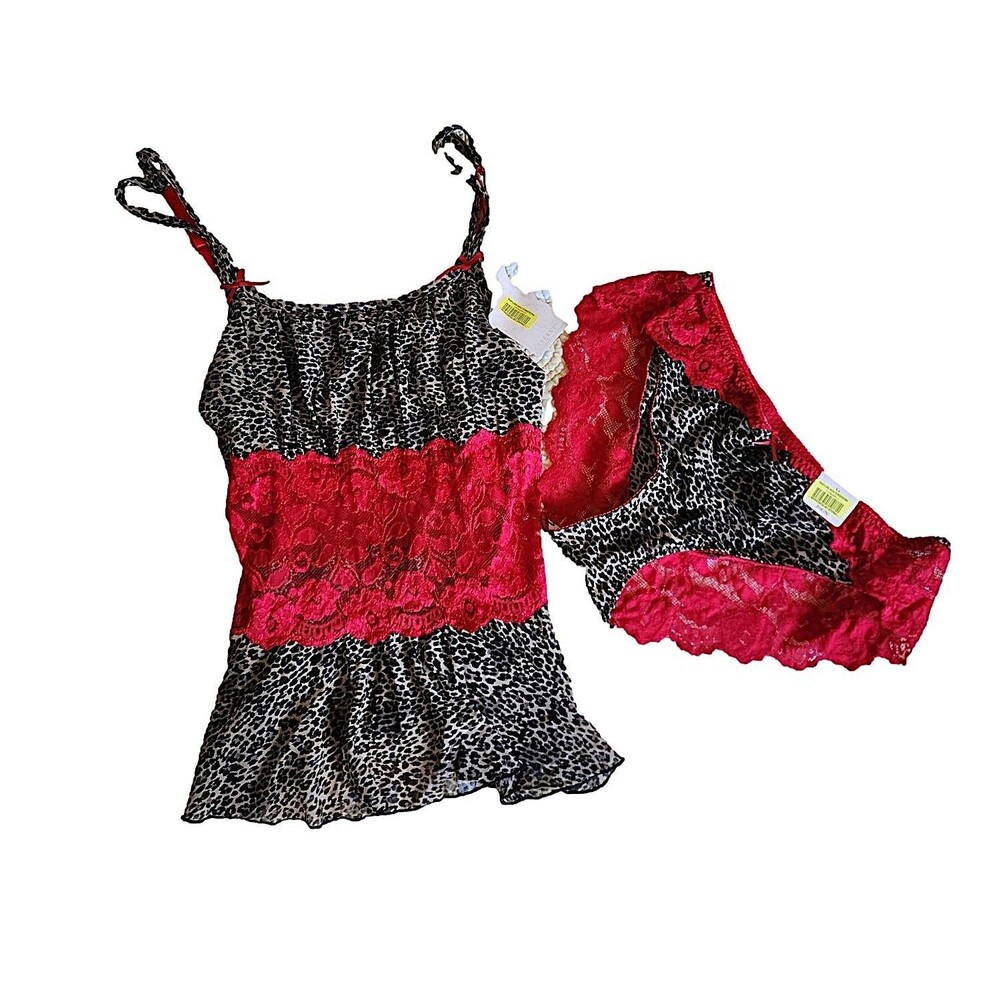 Leopard Print and Red Lace Nighty with matching Panties by Cabernet - New